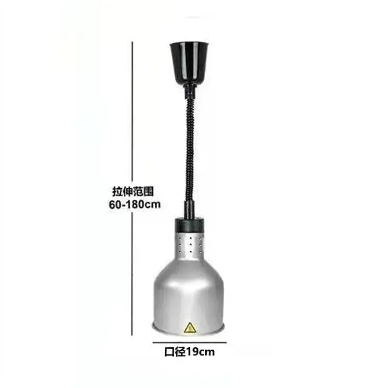 Silver metallic industrial electric telescopic heat lamp pendant light with black gooseneck and 19cm base
