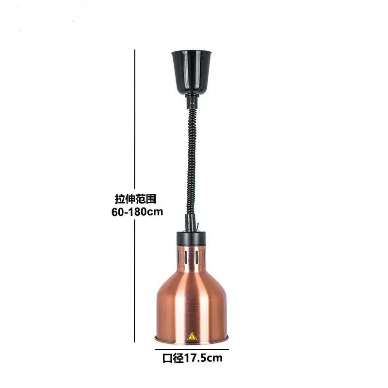 Copper-colored industrial electric telescopic heat lamp pendant light with black flexible gooseneck and adjustable height