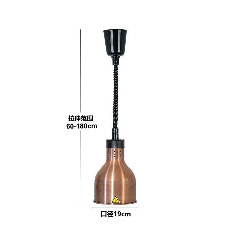 Copper-colored industrial electric telescopic heat lamp pendant light with black flexible gooseneck and adjustable height