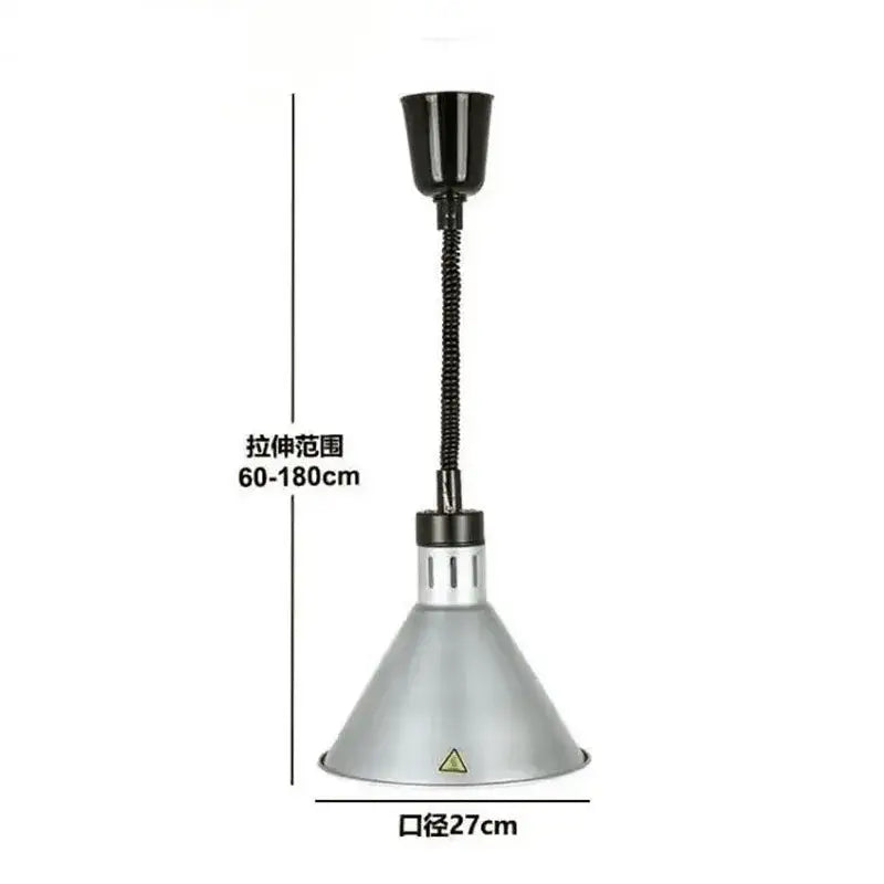 Silver conical industrial electric telescopic heat lamp pendant light with black flexible gooseneck and adjustable height
