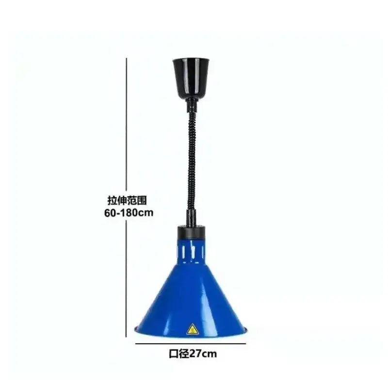 Blue conical industrial pendant light with black gooseneck electric telescopic heat lamp for dining room use