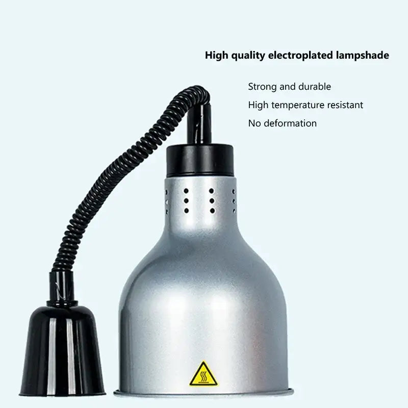 Silver electroplated heat lamp pendant light with black flexible gooseneck and bell-shaped protective cover