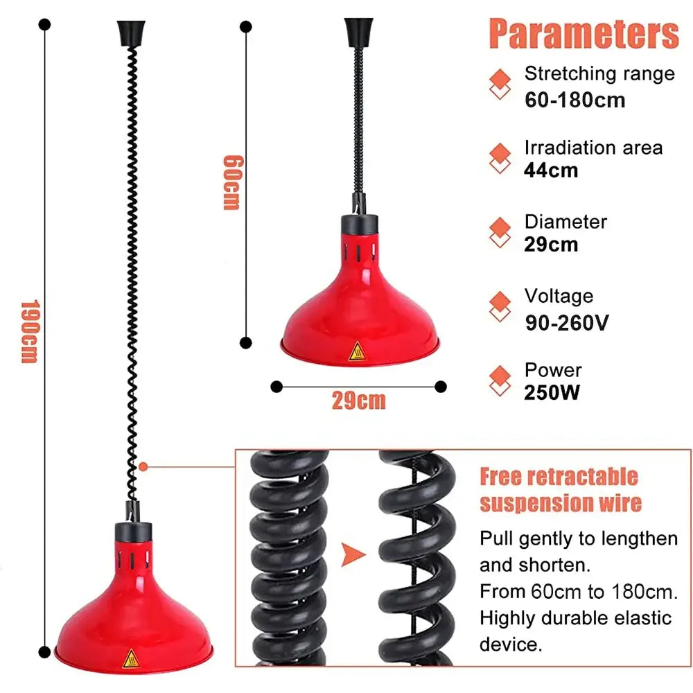 Industrial copper electric telescopic heat lamp pendant light in red with black retractable suspension wire for dining room