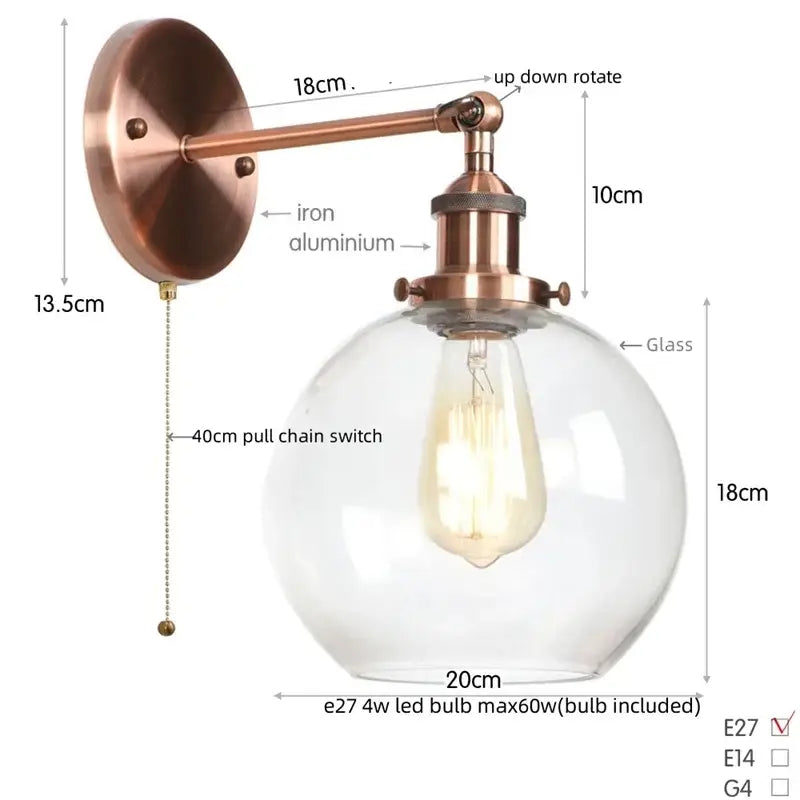 Industrial copper bedside lamp with decorbites glass globe led and exposed edison-style bulb for bedroom sconce decor