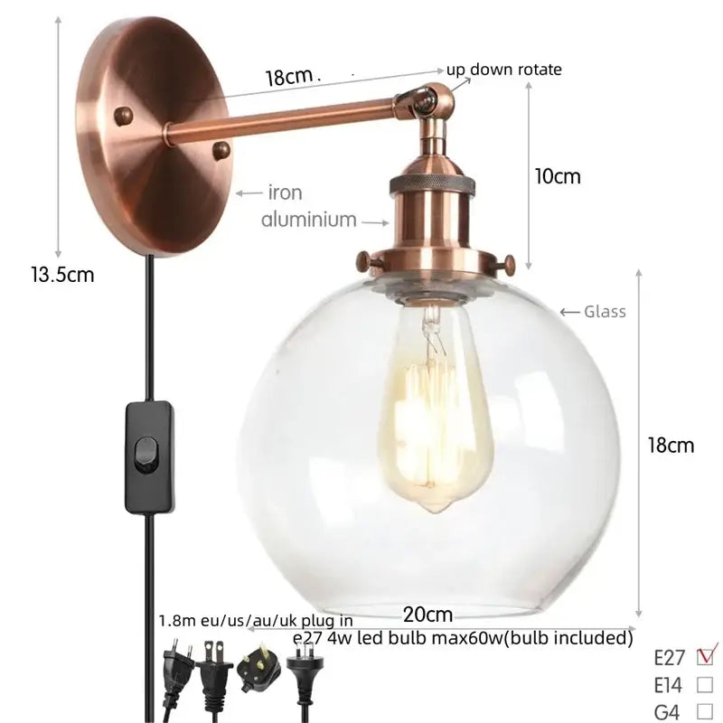 Copper-finished industrial bedside lamp with decorbites glass globe led and exposed Edison-style bulb wall sconce