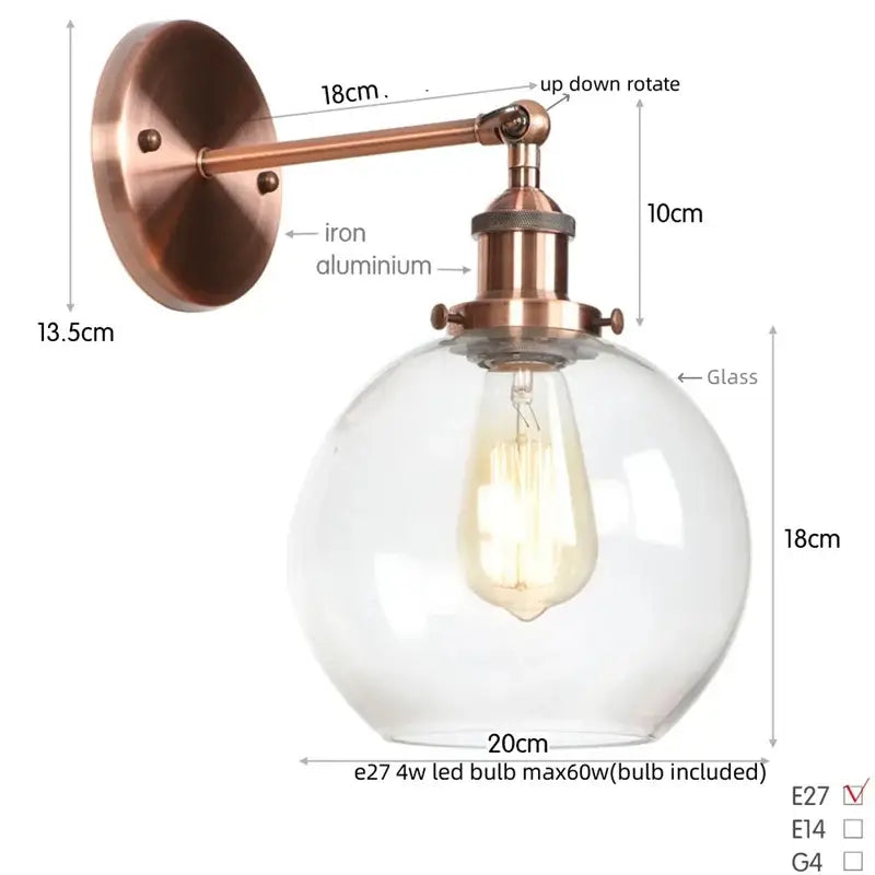 Copper-finished industrial bedside lamp with decorbites glass globe led and exposed edison-style bulb for bedroom sconce
