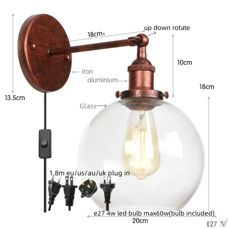 Copper-finished industrial bedside lamp with decorbites glass globe led and clear globe housing an Edison bulb