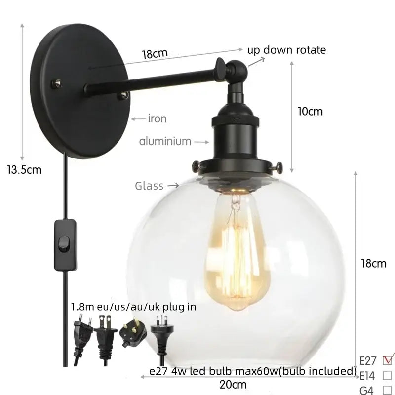 Black iron and aluminum bedside lamp with clear glass globe led bulb decorbites glass globe industrial sconce