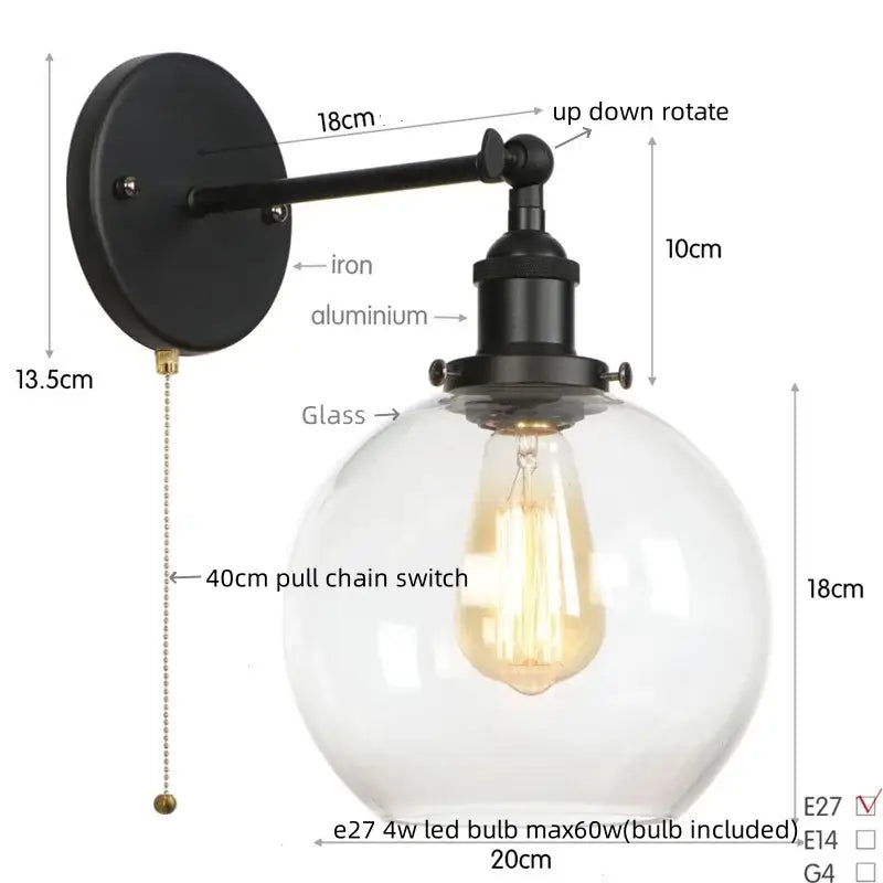 Industrial black iron and aluminum wall sconce with clear decorbites glass globe housing e27 led bulb for bedroom light
