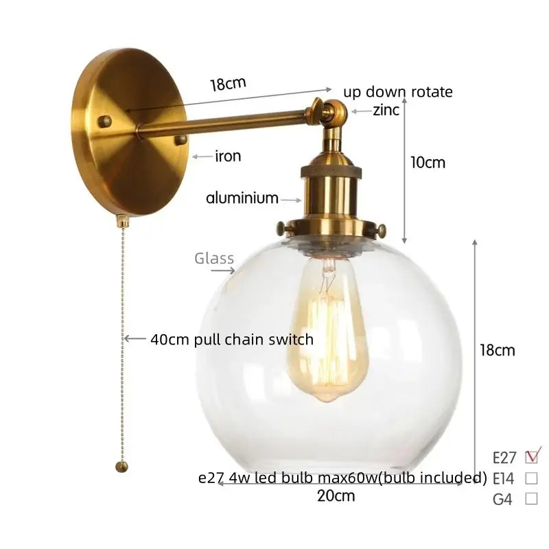 Brass-finished industrial wall sconce with decorbites glass globe led and adjustable iron and aluminum arms for bedroom light