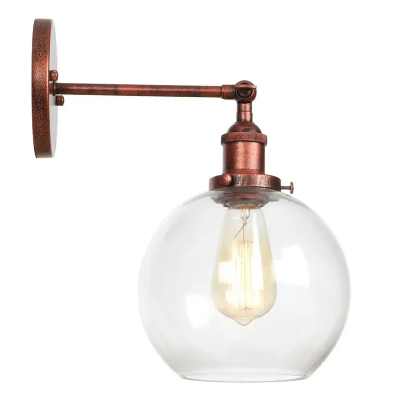 Copper-finished industrial wall sconce with decorbites glass globe and exposed filament glass globe led bulb for bedroom light