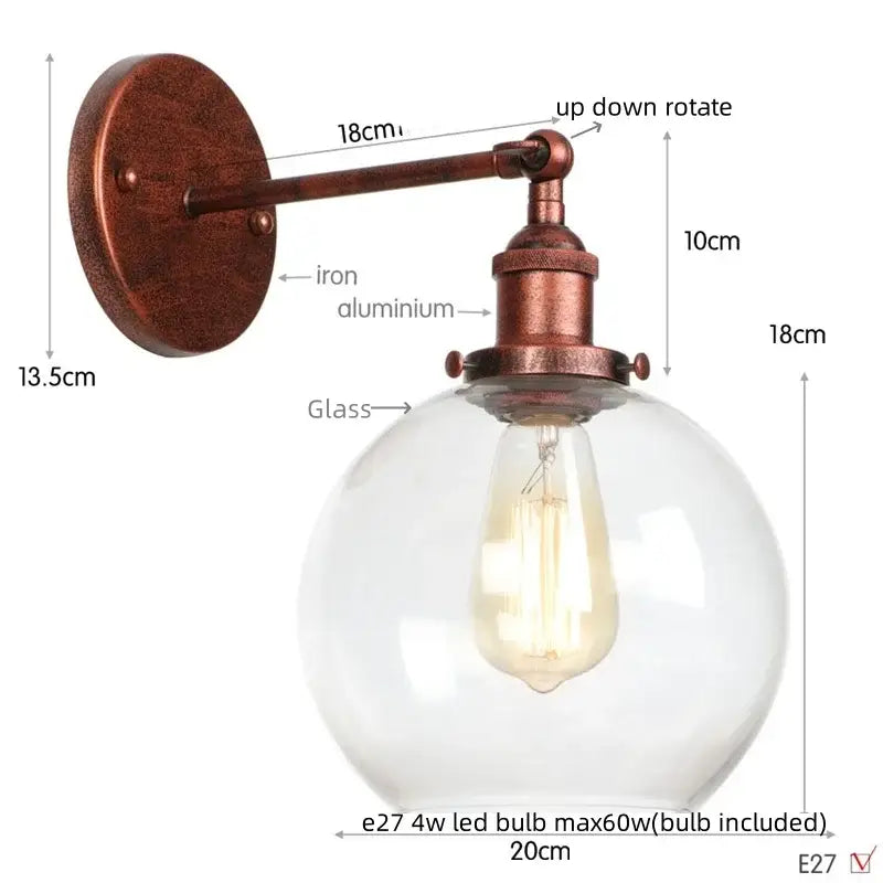 Vintage-style wall sconce with industrial copper glass globe led and iron aluminum arm for bedroom lighting decorbites glass globe