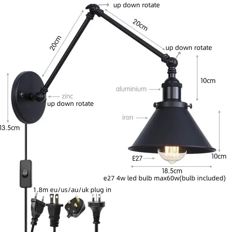 Black industrial copper iron led wall lamp with adjustable arms and conical shade for bedroom decorbites iron led wall