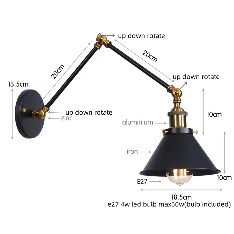 Black industrial copper iron led wall lamp with brass accents and adjustable arms for bedroom decorbites iron led wall use