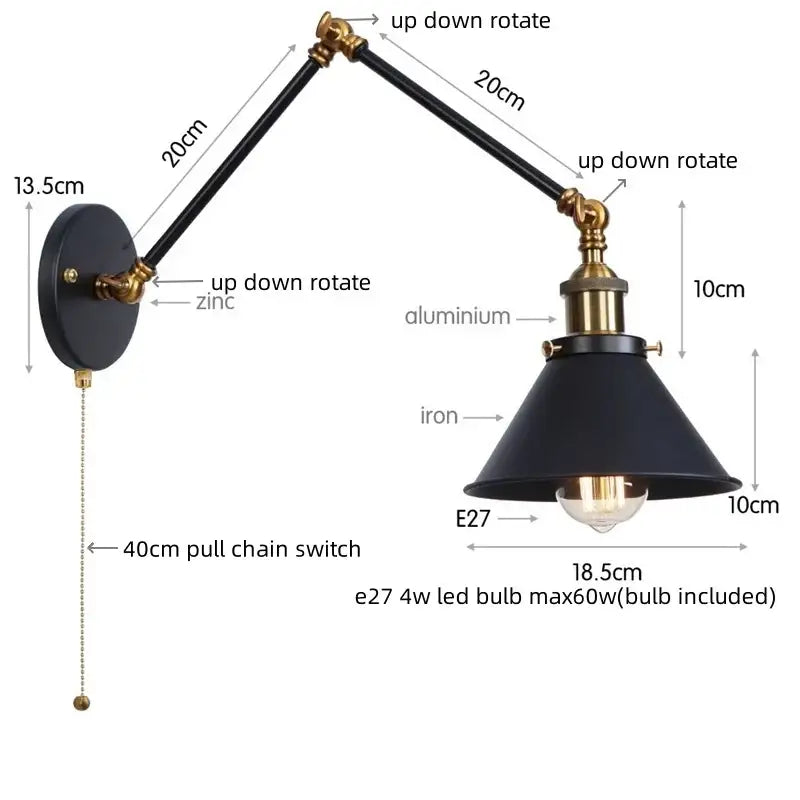 Black industrial iron led wall lamp with brass accents and adjustable arms by decorbites for bedroom decor