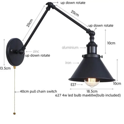 Black industrial style iron led wall lamp with adjustable zinc aluminum arms and conical shade for bedroom decorbites iron led