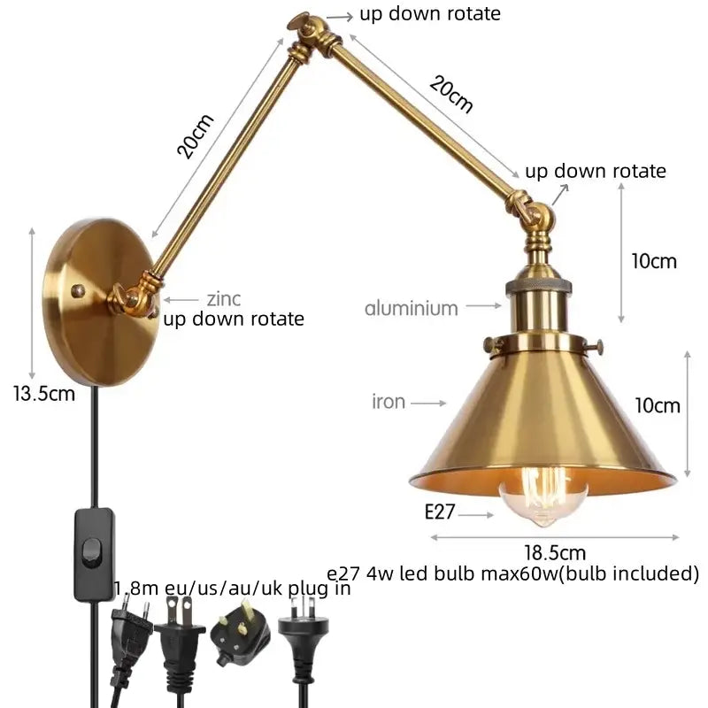 Brass-finished industrial iron led wall lamp with adjustable arm and conical shade for bedroom decorbites iron led use