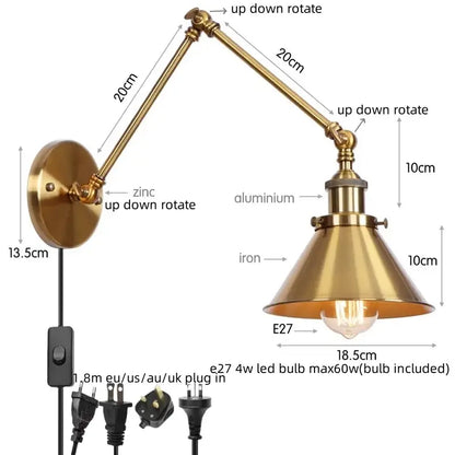 Brass-finished industrial iron led wall lamp with adjustable arm and conical shade for bedroom decorbites iron led use