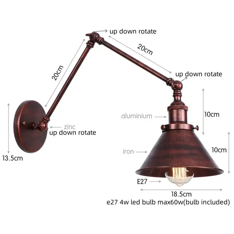 Industrial copper iron led wall lamp with bronze metal frame, conical shade, adjustable zinc and aluminum arms for bedroom decorbites iron led wall lamp