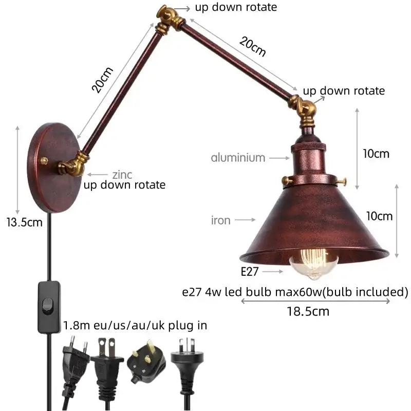 Industrial copper iron led wall lamp with pull chain and adjustable dark bronze zinc aluminum arms for bedroom decorbites iron led
