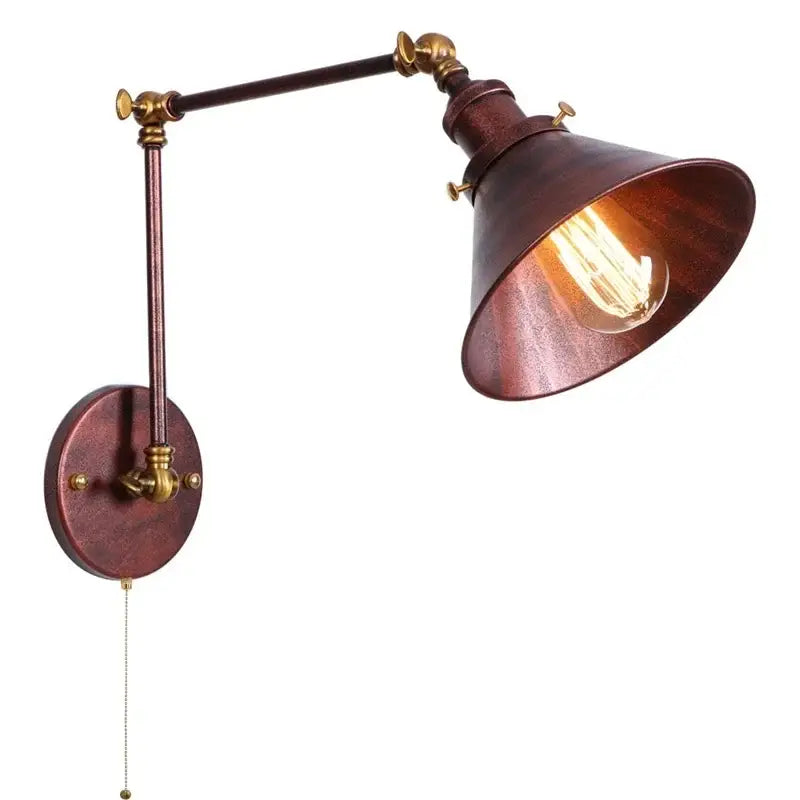 Industrial copper iron led wall lamp with pull chain featuring a conical shade and brass accents for bedroom decorbites iron led