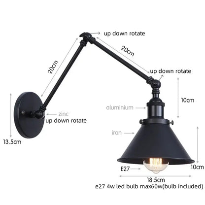 Black industrial-style adjustable wall lamp with matte aluminum and iron iron led wall for bedroom decorbites iron led