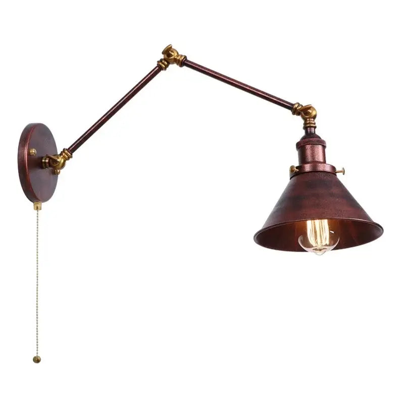 Industrial copper iron led wall lamp with pull chain featuring adjustable arm and conical shade for bedroom decorbites iron led
