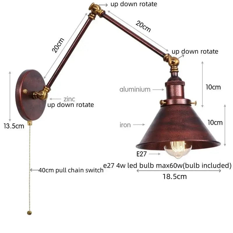 Industrial copper iron led wall lamp with pull chain featuring adjustable zinc aluminum arms and dark bronze iron shade for decorbites iron led wall