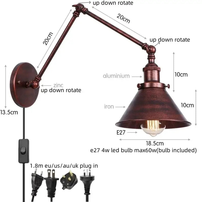 Industrial copper iron led wall lamp with bronze metal frame and adjustable zinc alloy arm for bedroom decorbites iron led