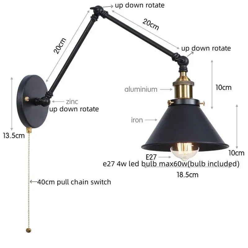 Black industrial copper iron led wall lamp with brass accents and adjustable arms for bedroom decorbites iron led wall use