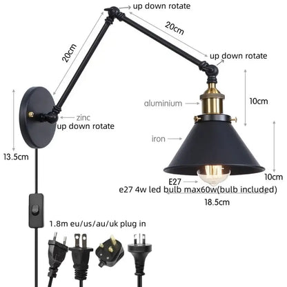 Black industrial-style iron led wall lamp with adjustable arms and brass base for bedroom decorbites iron led design