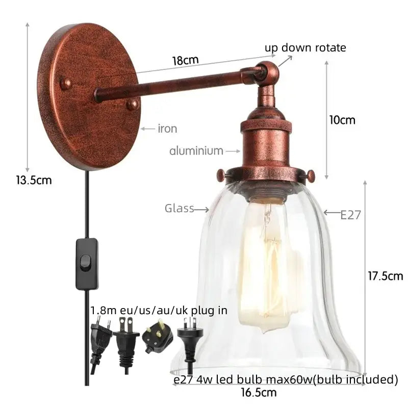 Industrial copper wall light with clear glass shade featuring an e27 bulb socket for decorbites loft clear bedroom sconce