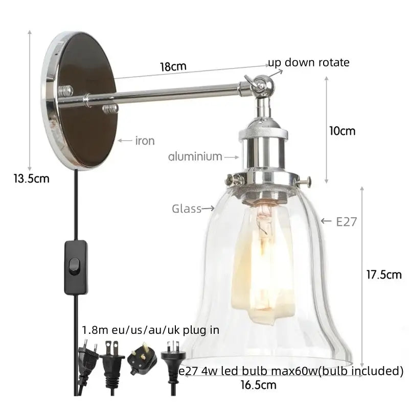 Industrial copper wall light with clear glass shade featuring chrome-finished iron and aluminum arm for bedroom decorbites loft clear