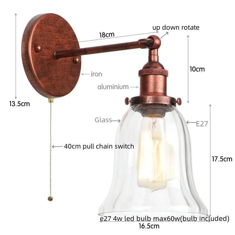 Antique brass wall light with clear glass bell-shaped shade and e27 led bulb for decorbites loft clear bedroom sconce