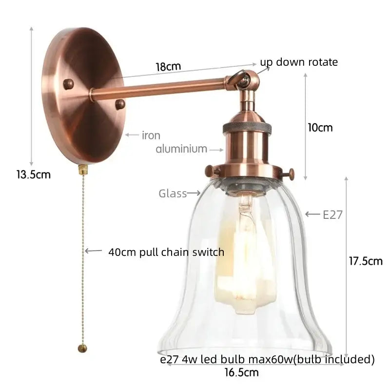 Industrial copper wall light with clear glass shade and e27 led bulb for bedroom sconce decorbites loft clear design