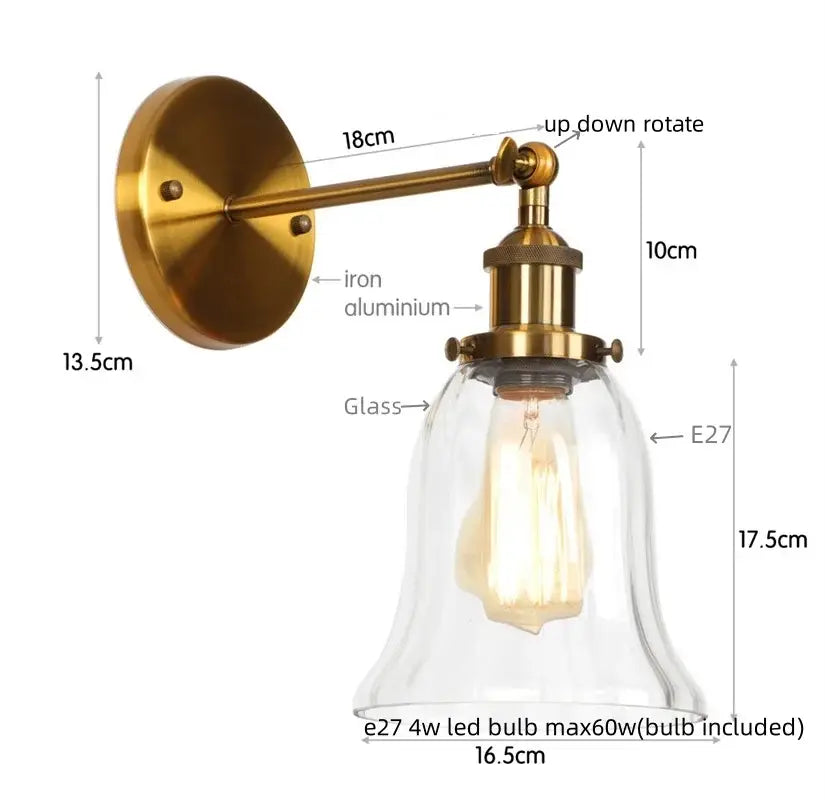 Industrial copper wall light with brass finish clear glass shade and e27 led bulb for bedroom sconce decorbites loft clear