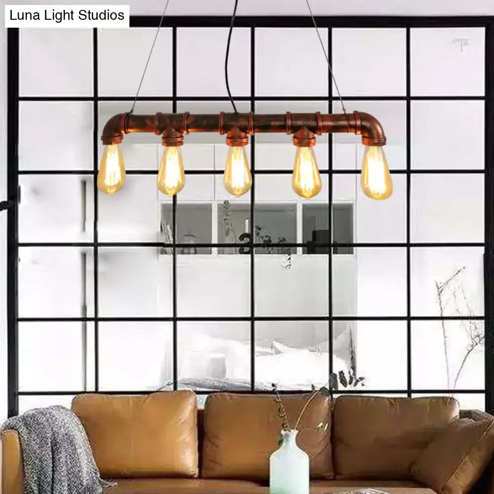 Industrial copper water pipe chandelier light fixture with five exposed filament e26 e27 bulbs for dining room use