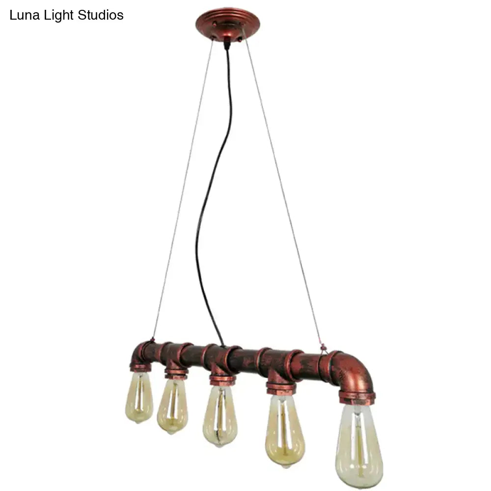 Industrial copper water pipe chandelier light fixture with four exposed edison bulbs for dining room use