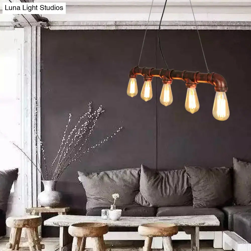 Industrial copper water pipe chandelier light fixture with five exposed Edison bulbs and e26 e27 light sockets for dining room