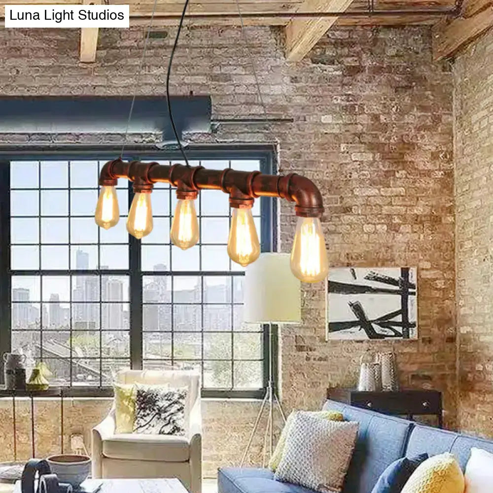 Industrial copper water pipe chandelier light fixture with five exposed Edison bulbs for dining room using e26 e27 light