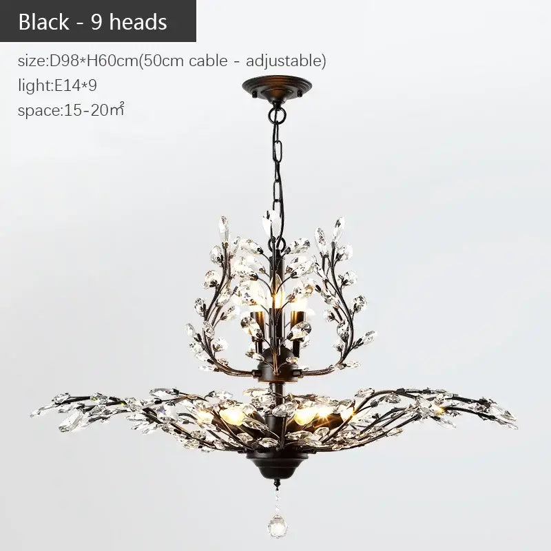 Black wrought iron industrial crystal chandelier with nine crystal branches and teardrop pendant for dining room decorbites industrial