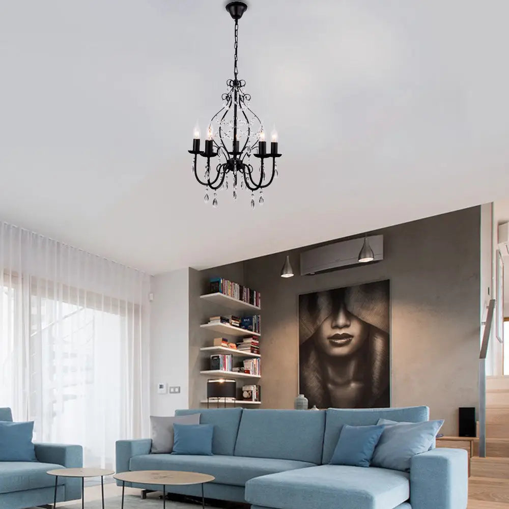 Lámpara de araña industrial de cristal: Lámpara colgante de 5 bombillas con vela sin llama, acabado negro.