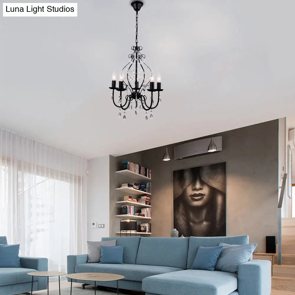 Lámpara de araña industrial de cristal: Lámpara colgante de 5 bombillas con vela sin llama, acabado negro.