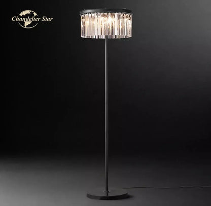 Black metal floor lamp with cylindrical crystal chandelier shade for decorbites industrial crystal led living room light