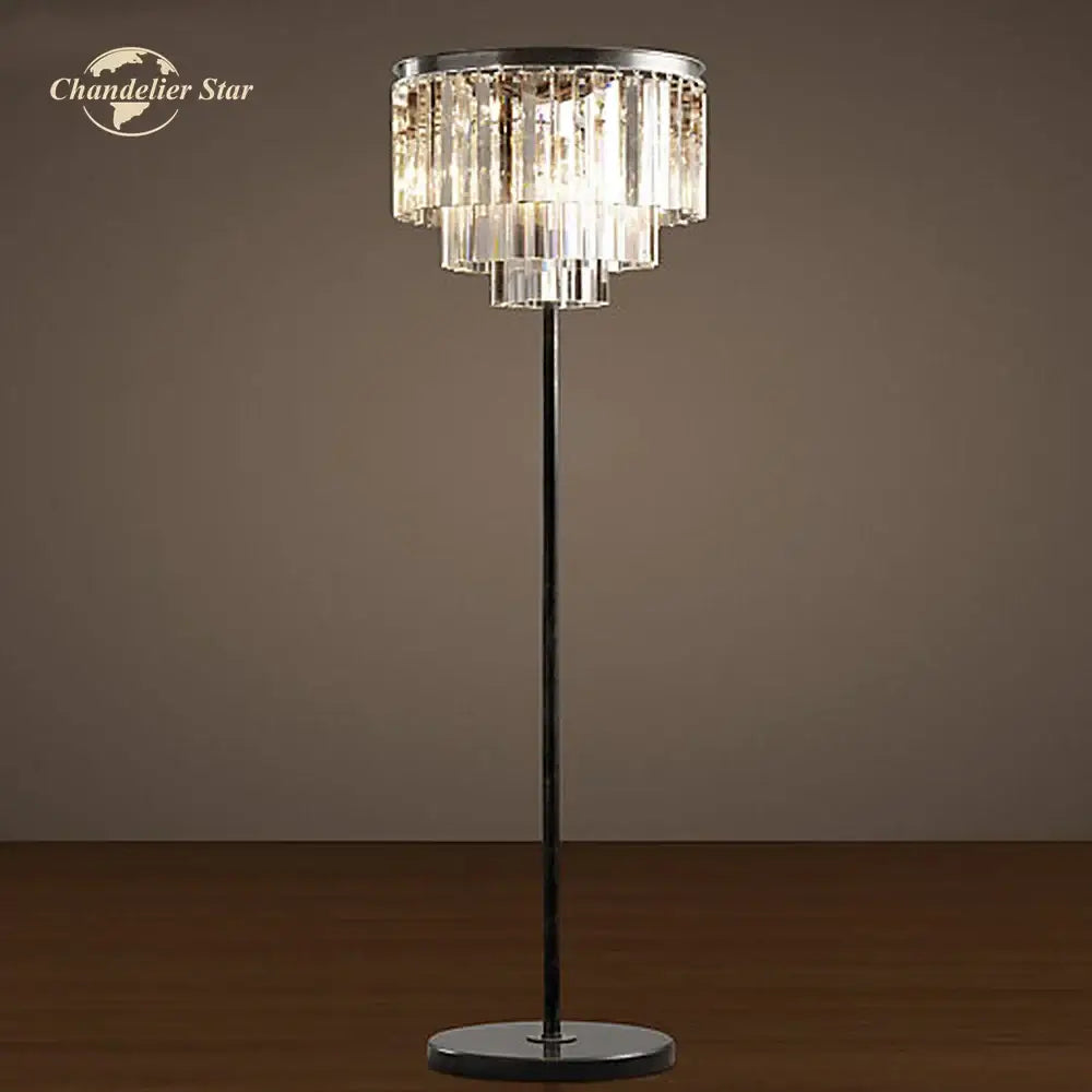 Industrial crystal led floor lamp with tiered crystal prisms and black chrome stand for living room decorbites industrial crystal