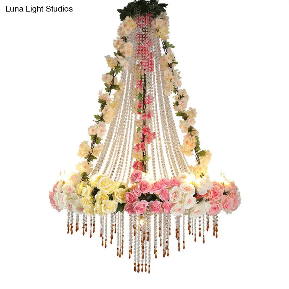 Industrial Crystal Raindrop Chandelier with Flower Accent - White Finish, 10 Heads