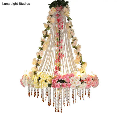 Industrial Crystal Raindrop Chandelier with Flower Accent - White Finish, 10 Heads