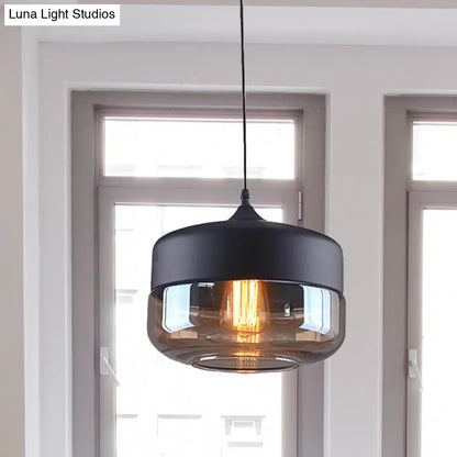 Industrial Cylinder Pendant Light with Brown Glass Shade - 1-Light Hanging Ceiling Fixture in Black, 5"/7"/8" Wide