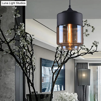 Industrial Cylinder Pendant Light with Brown Glass Shade - 1-Light Hanging Ceiling Fixture in Black, 5"/7"/8" Wide