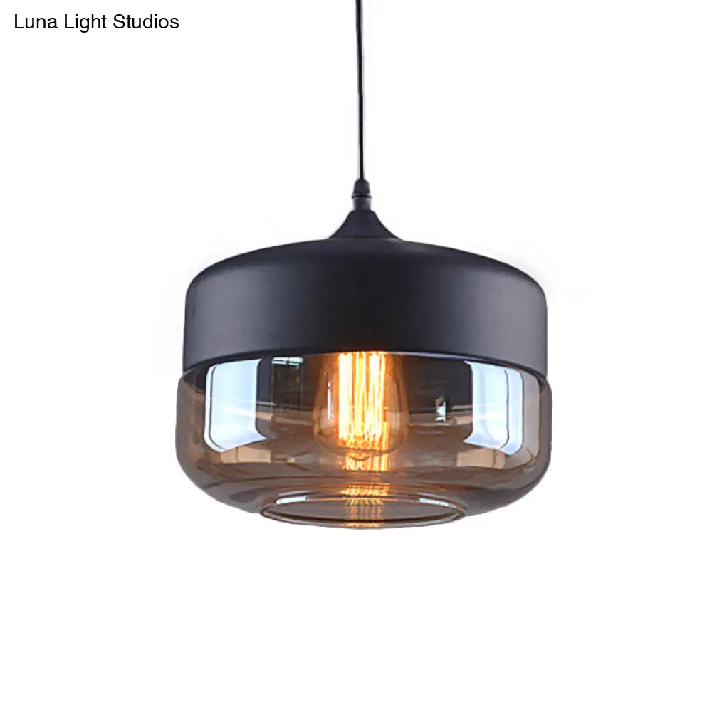 Industrial Cylinder Pendant Light with Brown Glass Shade - 1-Light Hanging Ceiling Fixture in Black, 5"/7"/8" Wide